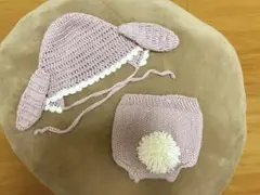 【ニューボーンフォト】【ベビー】ピンク色うさ耳帽子としっぽ付きブルマ