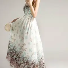 新品未使用★小花柄シフォンマキシワンピ／白