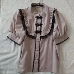 フリルレース付き薄ピンク半袖シャツ Lサイズ