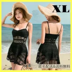 水着 レースワンピース  2点セット 体型カバー 黒 2way パレオ　XL