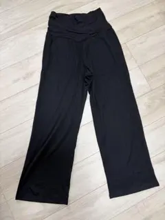 マタニティー　リブ素材 ハイウエスト ワイドパンツ 黒