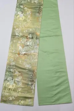 高級　一点物　袋帯　金糸　銀糸　騎士　刺繍　六通柄　リユース品　緑　希少