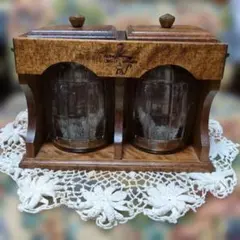 木製小物入れ 2つのガラス容器付き