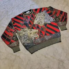 P*G様 【日本製】90s 総柄ニット セーター L ライオン 金糸 派手 バブ