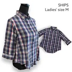 SHIPS　シップス　チェック柄7分袖フランネルシャツ　ネイビー系
