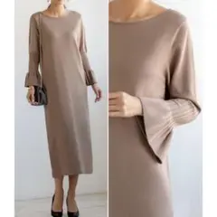 ☆お値下げ☆スタイルデリ/ 袖口プリーツ　ニットワンピース　ベージュ