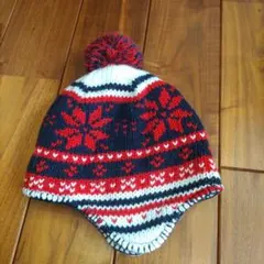 【ミキハウストレード】雪の結晶柄ニット帽 ポンポン付き