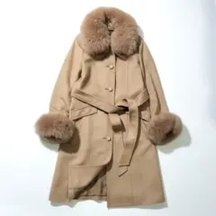美品 ウール カシミヤ フォックスファー 2way ベルト付き ロングコート