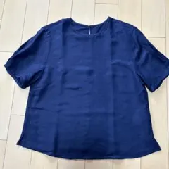 ネイビー 半袖 ブラウス 麻レーヨン混 9Rのサムネイル