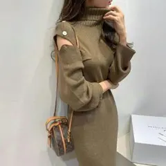 レディース 秋 冬 ニット ロング ワンピース タートルネック 暖か