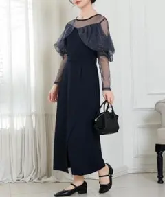 【Lace Ladies】 長袖ワンピースドレス ネイビー 結婚式二次会お呼ばれ