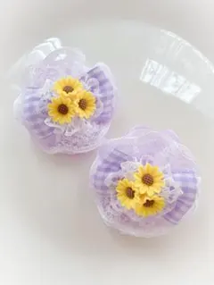 キッズ　ヘアゴム　リボン　リボンゴム　ハンドメイド　ひまわり　夏　向日葵
