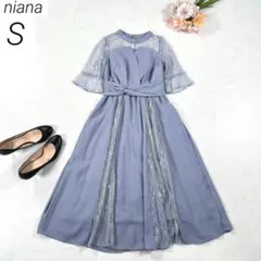 【現行品】　niana　ビスチェ風ハイネックレース結婚式ワンピース　ブルー　S