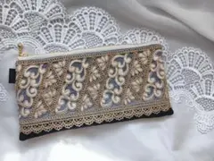 大人可愛い インド刺繍×ヌビ フラットポーチ ハンドメイド（A439）