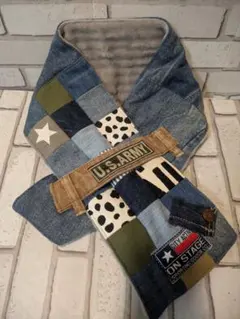 No.D038 U.S. ARMY パッチワーク　マフラー デニムリメイク　ボア