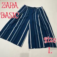 ZARA BASIC　薄手クロップドワイドストライプパンツ　ブルー　L　ザラ