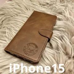 iPhone15 手帳型スマホケース　レザー　茶　フレブル　犬　シンプル