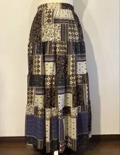 パッチワークプリントスカート　ハイウエスト　Aラインマキシスカート
