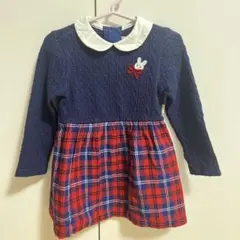 ミキハウス　ウサギ刺繍のネイビー・チェックワンピース