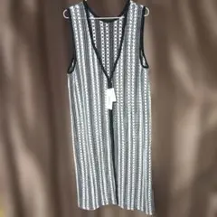 ノースリーブロングワンピース 白黒ストライプ ストライプ ジレ