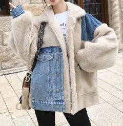 デニム生地モコモコ可愛い❤️秋冬オーバーサイズアウター✨女子会デートに最適