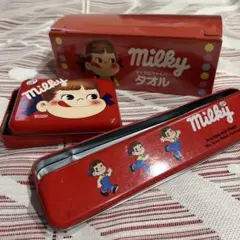 ミルキー　マイクロファイバータオルとペコちゃん缶2点　合計3点セット