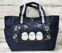 トールペイント シマエナガとミニ薔薇のトートバッグ