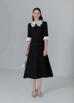 Leja 花柄レースカラースパンコールAラインワンピースドレス