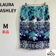 ローラアシュレイ 花柄 タイトスカート 膝丈 ブルー 4(S〜M) 手洗い可