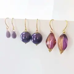 (10) 3点セット　ピアス　イヤリング　パール　紫　ハンドメイド　まとめ売り