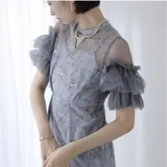 【2025AW】エンブロイダリードレス グレー刺繍マキシドレス フリル付き