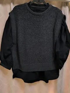 ダークグレー 編み目模様 ニットベスト＆ブラウスセット商品