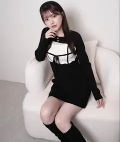 LIP SERVICE デコルテオープンバイカラーリボンニットワンピース