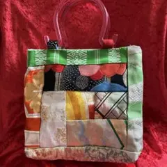 帯リメイクパッチワーク仕切りハンドバッグ　3箇所収納