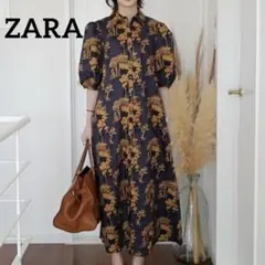 ZARA ザラ パフスリーブシャツワンピース ネイビー