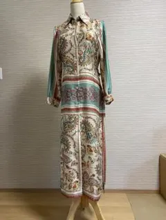 ペイズリー柄長袖ロングシャツワンピース