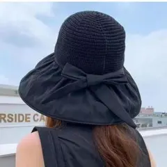 麦わら帽子　ハット　UV対策　つば広　日よけ　折りたたみ　ブラック　レディース