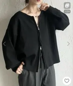 タグ付きレディースカーディガン長袖ボリュームスリーブダブルジップアップリブニット