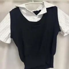 amood ストライプ 半袖 シャツ ニットベスト セット ブラック
