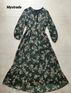 マイストラーダ エアリーサテンワンピース 花柄ロングワンピース グリーン