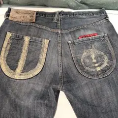 エヴィスYAMANE山＆猫刺繍デニムパンツインディゴダメージ加工36×34サイズ