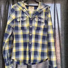 Hollister フード付きチェックシャツ Mサイズ ネイビー/イエロー