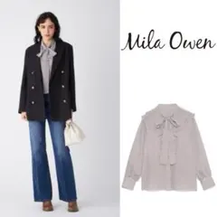 美品 Mila owen ミラオーウェン ボウタイラッフルブラウス ストライプ