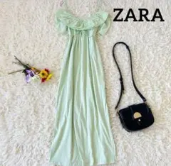 ZARA キャミワンピース　ミントグリーン　黄緑　レース　ロング丈　リゾート　夏