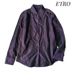 ETRO】シルクサテンブラウス 44 パープル チェック柄 ダブルカフス 