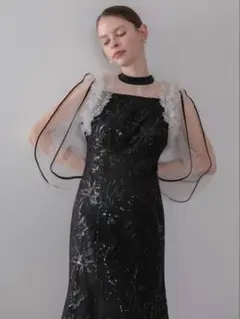 フラワースパンコールチュールフリルロングスリーブマーメイドワンピースドレス結婚式