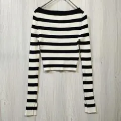 H&M ボーダーリブニット XS-S相当 袖スリット クロップド丈 ショート丈
