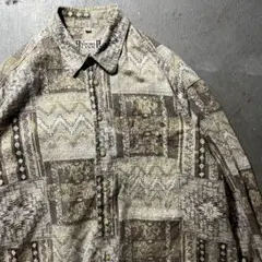 ネイティブ　総柄シャツ 幾何学柄 ビッグシルエット レトロ 古着　ベージュ