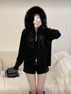 ファー付きフード黒ニット パーカー shein