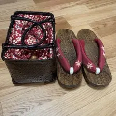 【浴衣小物セット】赤花柄の下駄＆かごバッグ